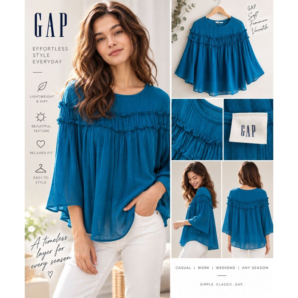 GAP Women’s Teal Blue Ruffle Blouse Flowy Boho Peasant Top Feminine Size S